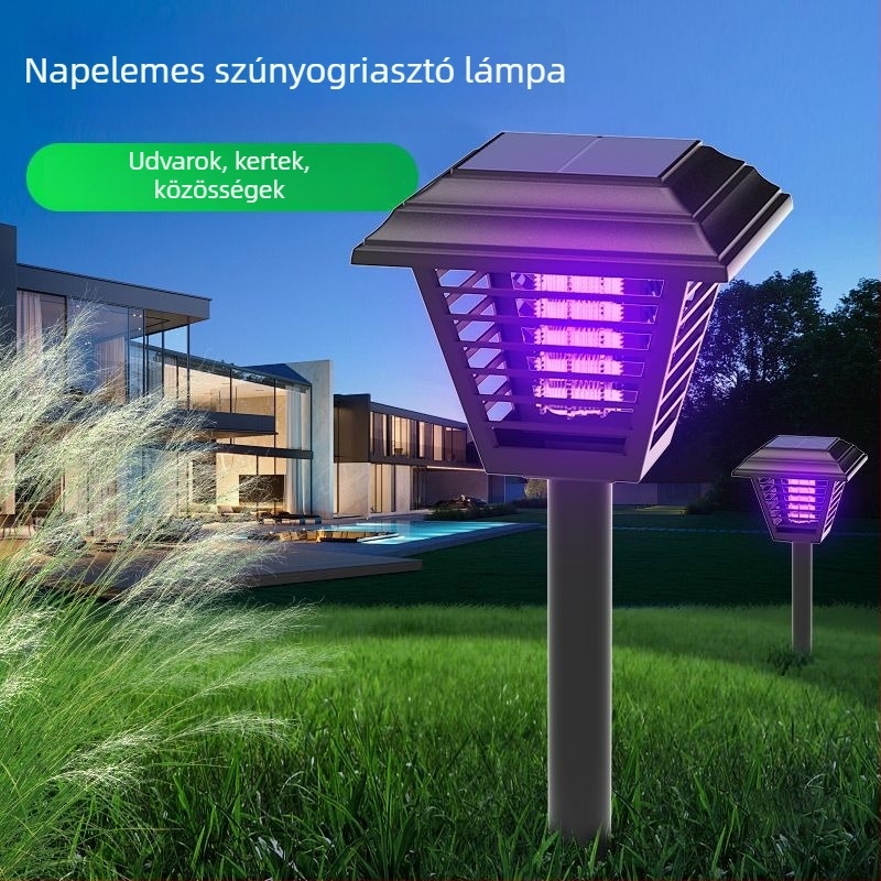 Napelemes kültéri szúnyogirtó lámpa otthonra és kertbe, 10 m² lefedettség, LED világítás, ABS ház, nem mérgező, okos hálózat