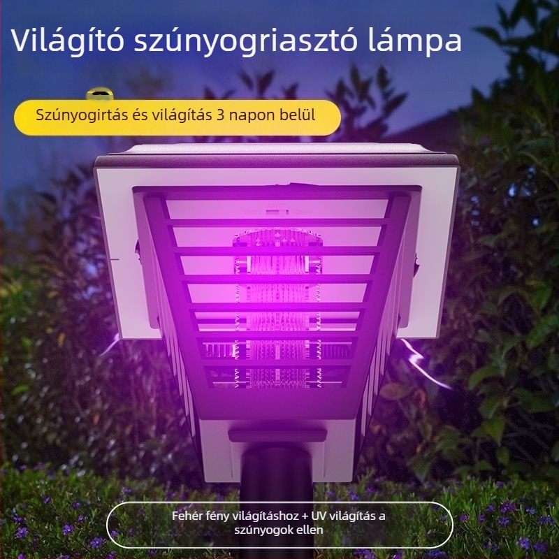 Napelemes kültéri szúnyogirtó lámpa otthonra és kertbe, 10 m² lefedettség, LED világítás, ABS ház, nem mérgező, okos hálózat