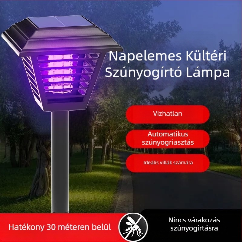 Napelemes kültéri szúnyogirtó lámpa otthonra és kertbe, 10 m² lefedettség, LED világítás, ABS ház, nem mérgező, okos hálózat