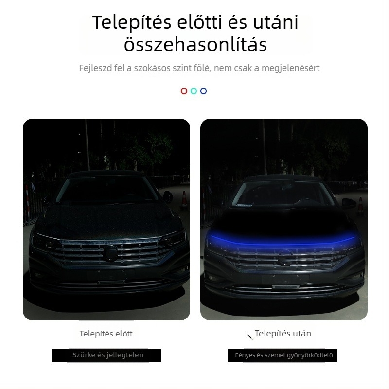 Autó LED nappali világítás színes váltással, két tónusú fényvezető dekoratív csíkkal a középső maszkon át, ragasztóval szerelve