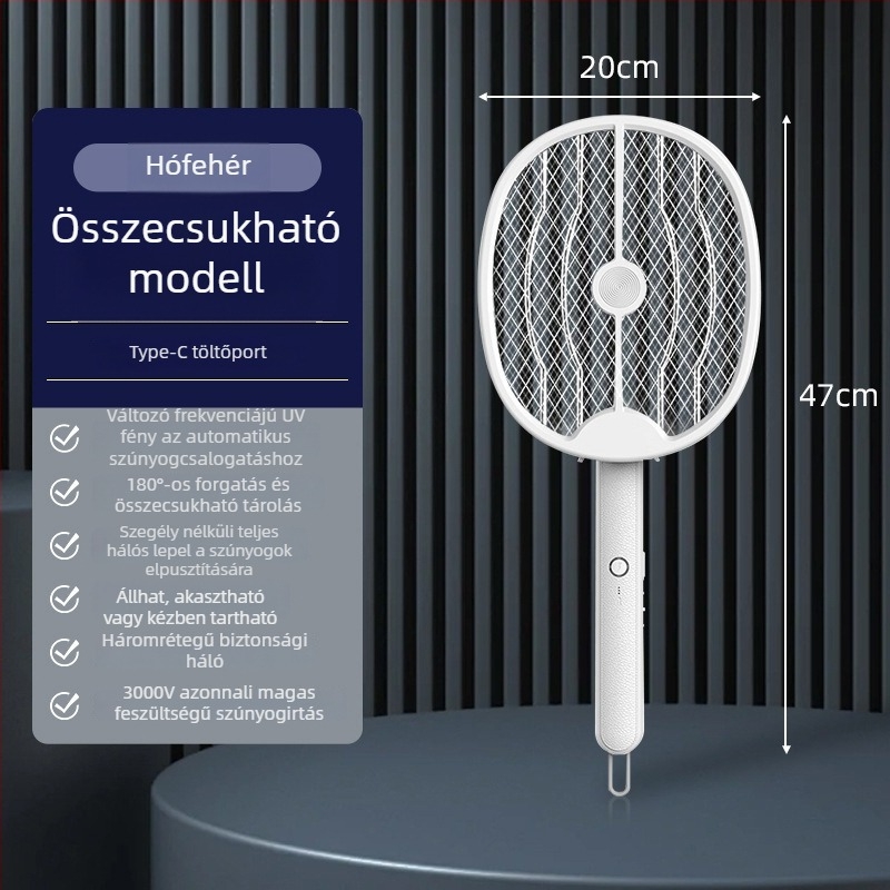 2‑in‑1 elektromos szúnyogcsapó: fénycsapda és elektromos ölő, beépített akkumulátor 1001–1600 mAh, 12 h+ üzemidő, összecsukható, 21–30 m² lefedettség
