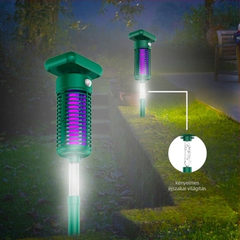 Napelemes kültéri szúnyogirtó lámpa UV-fénnyel, 2000V elektromos sokk, 100 m²-ig terjedő lefedettség