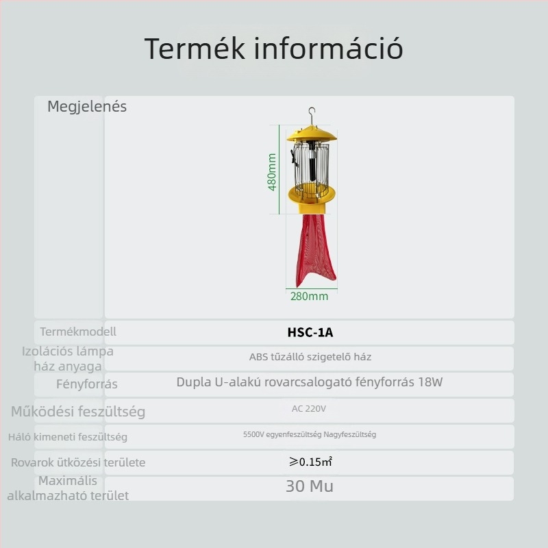 AC-vel működő szúnyogirtó lámpa HSC-1A, elektromos sokk általi ölés, UV-A lila fény csapda, kültéri használatra