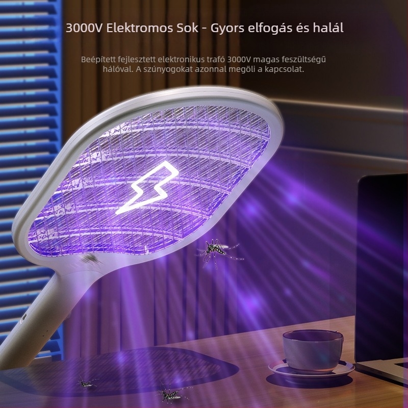 USB-töltéses elektromos szúnyogcsapó LED-del, 11-20 m2 lefedettség, beépített 501-800 mAh akkumulátor, 1-3 óra üzemidő
