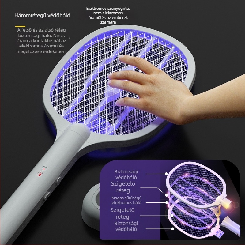 USB-töltéses elektromos szúnyogcsapó LED-del, 11-20 m2 lefedettség, beépített 501-800 mAh akkumulátor, 1-3 óra üzemidő
