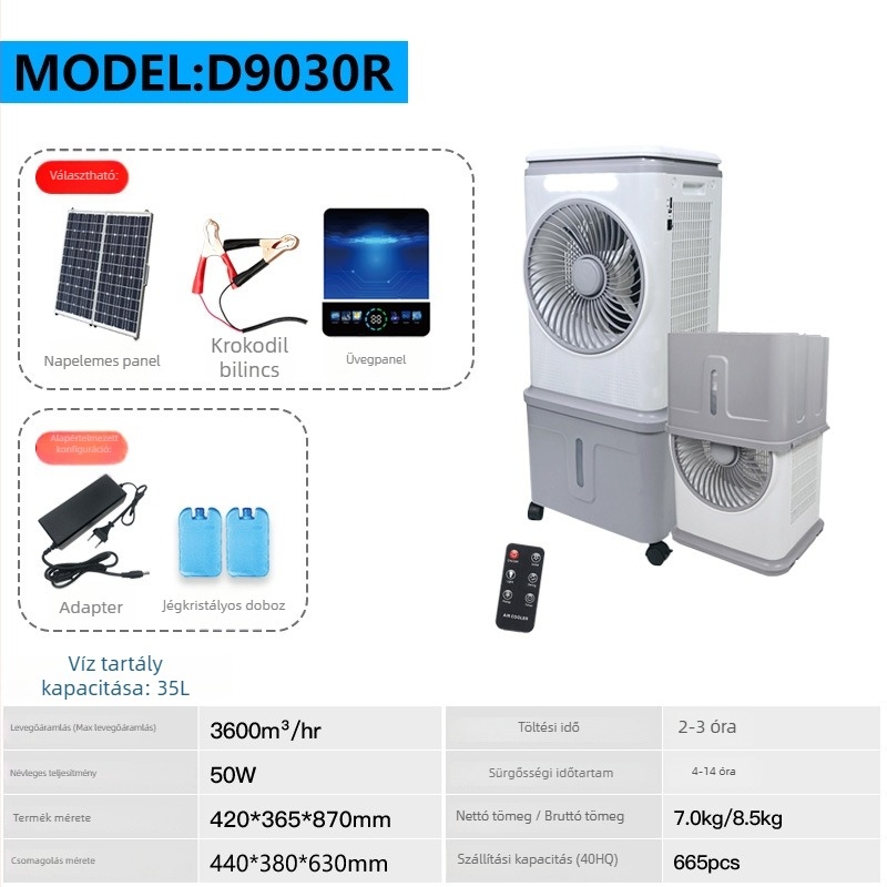 Töltőhető Li-ion akkumulátor 1500mAh, napelemes AC/DC levegőhűtő ventilátor LED-lámpával a szúnyogok ellen, csendes működés, távirányító, beltéri és kültéri használatra, modell 9030-R