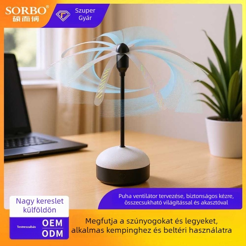 Újratölthető szúnyogriasztó ventilátor – összecsukható, akasztóval, beltéri és kültéri használatra, 5–10 m² lefedettség, Li‑ion akkumulátor 1200–1500 mAh, 8–12 óra működési idő, modell 1333b