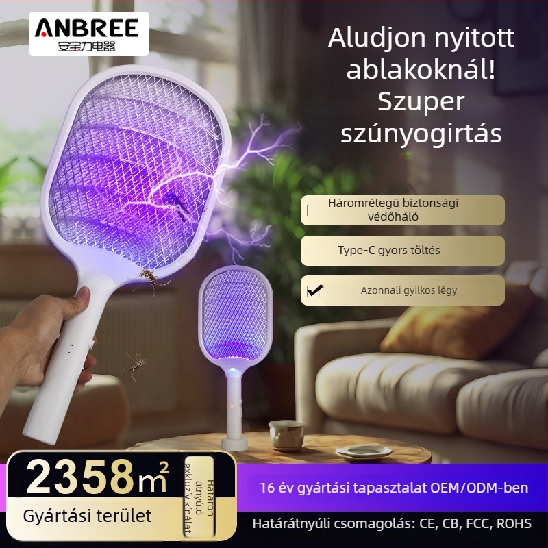 Kétfunkciós, újratölthető elektromos szúnyogcsapó LED-lámpával, modell ANB-DWP02, 501–800 mAh akkumulátor, 2 órás töltési idő, alkalmas felületre legfeljebb 20 m²
