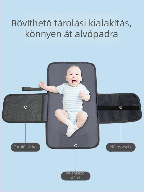 Bébi pelustáska hordozható pelenkázó párnával és tárolóval - ultra könnyű, Oxford anyag, kockás mintázat, poliészter bélés, otthoni használatra