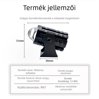 Motorkerékpár LED reflektor kettős színű fénnyel - bemenet 12-80V, 8000 lm, 10 W, IP65, alumíniumötvözet