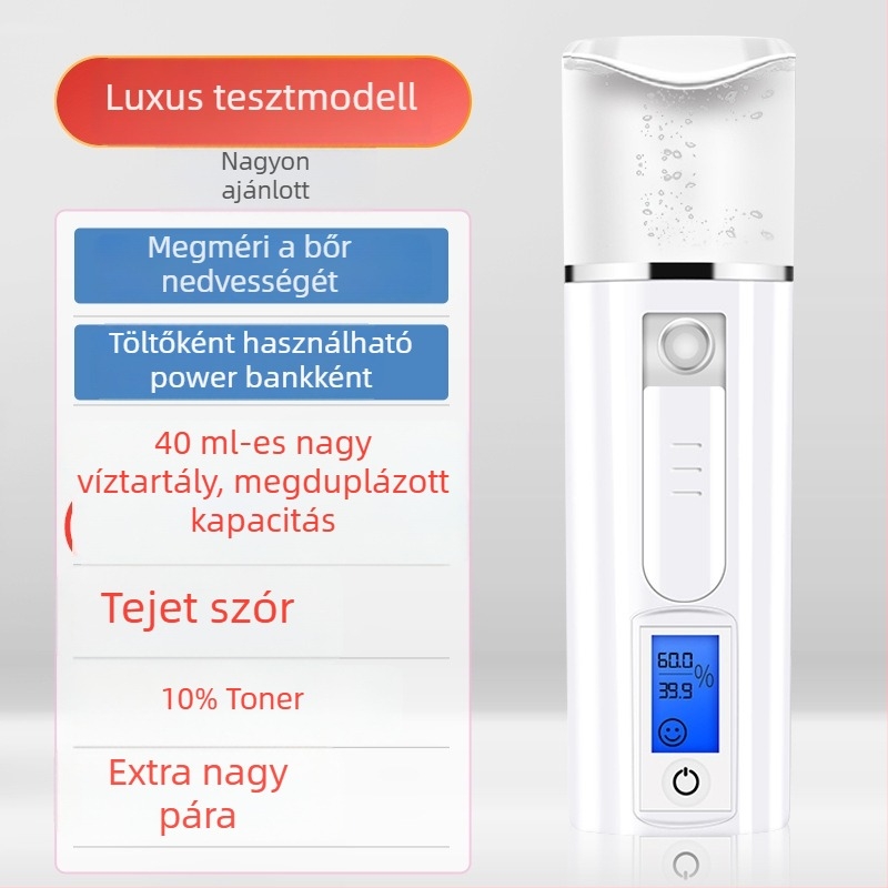 Nano arcra szánt párásító, kézi hordozható, újratölthető, hideg permet, köd ≤10 s, üzemidő 1–3 óra, modell KMY