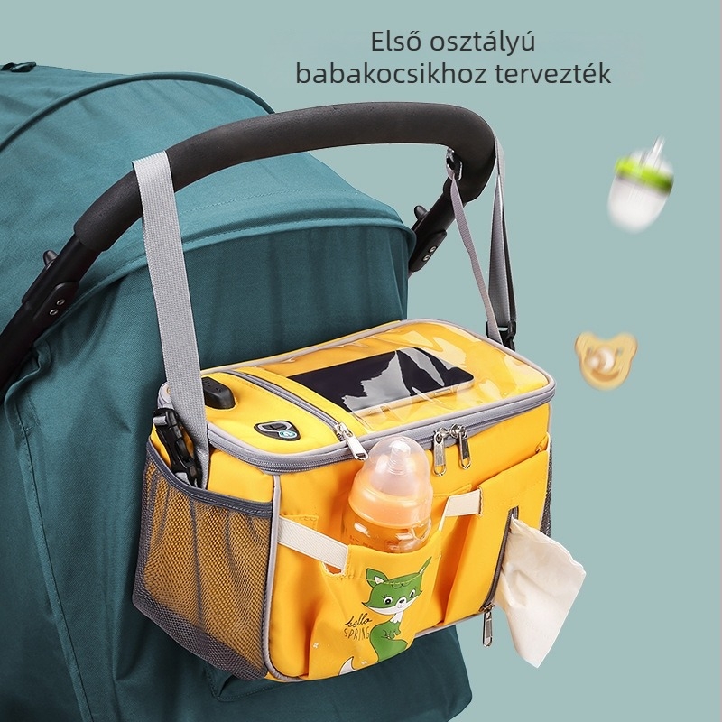 Nagy kapacitású multifunkcionális babakocsi táska USB csatlakozóval, bővíthető, vízálló nylon, lélegző poliészter belső