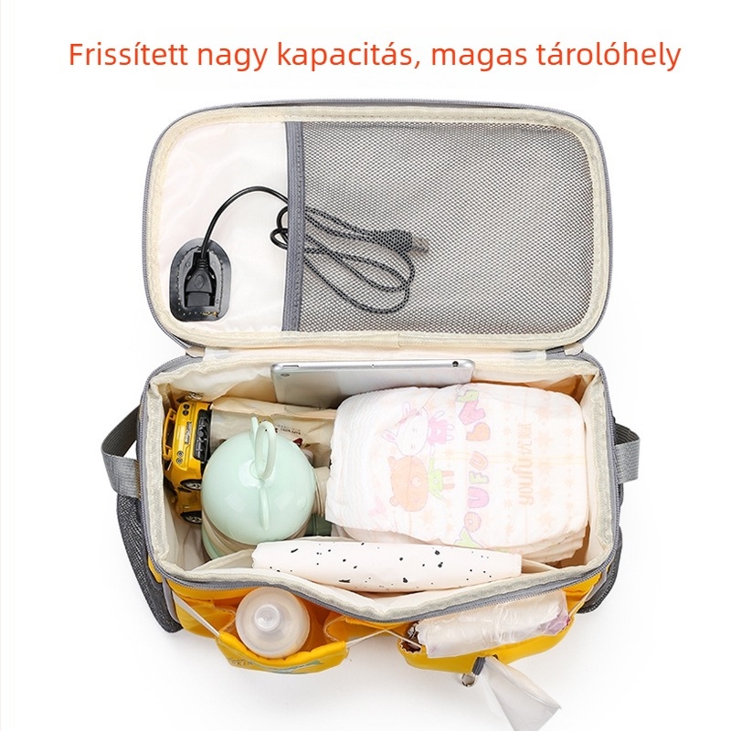 Nagy kapacitású multifunkcionális babakocsi táska USB csatlakozóval, bővíthető, vízálló nylon, lélegző poliészter belső
