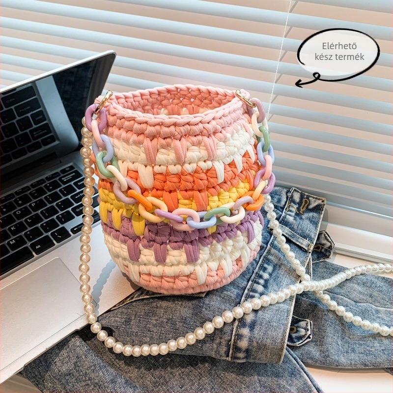 Kézzel szőtt szalma táska, cilindrikus forma, pamut bélés, 3D szövés