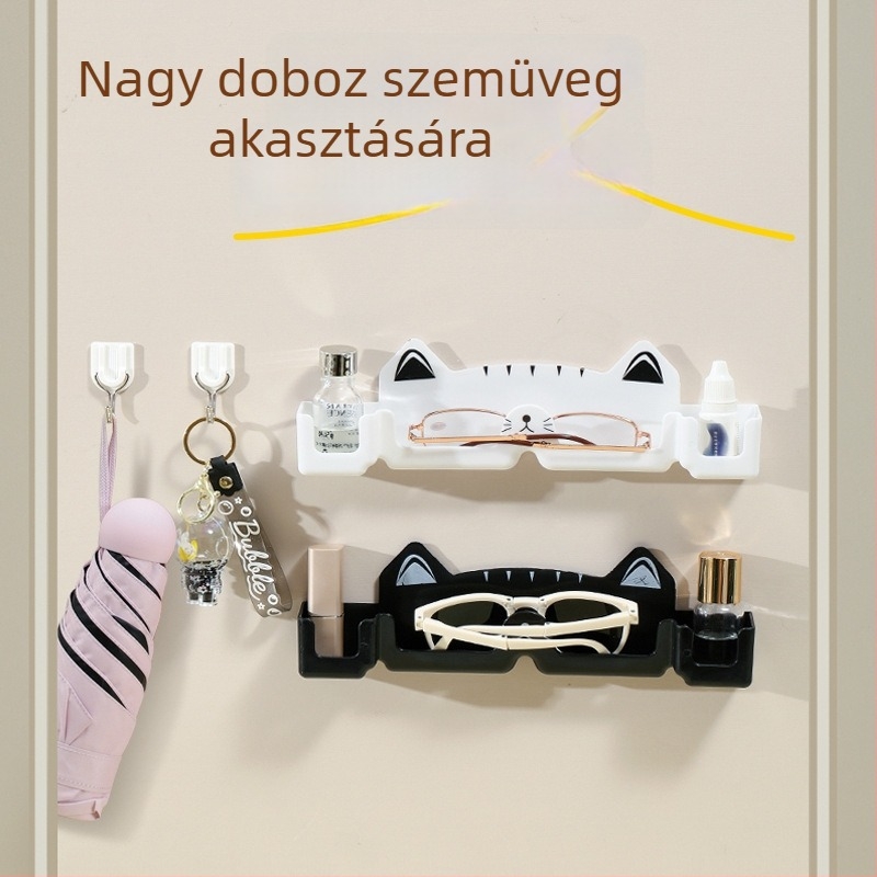 Fali szemüveg- és ékszertároló - Rajzfilmszerű dizájn, PP anyag, 1 szint, Fúrás nélkül