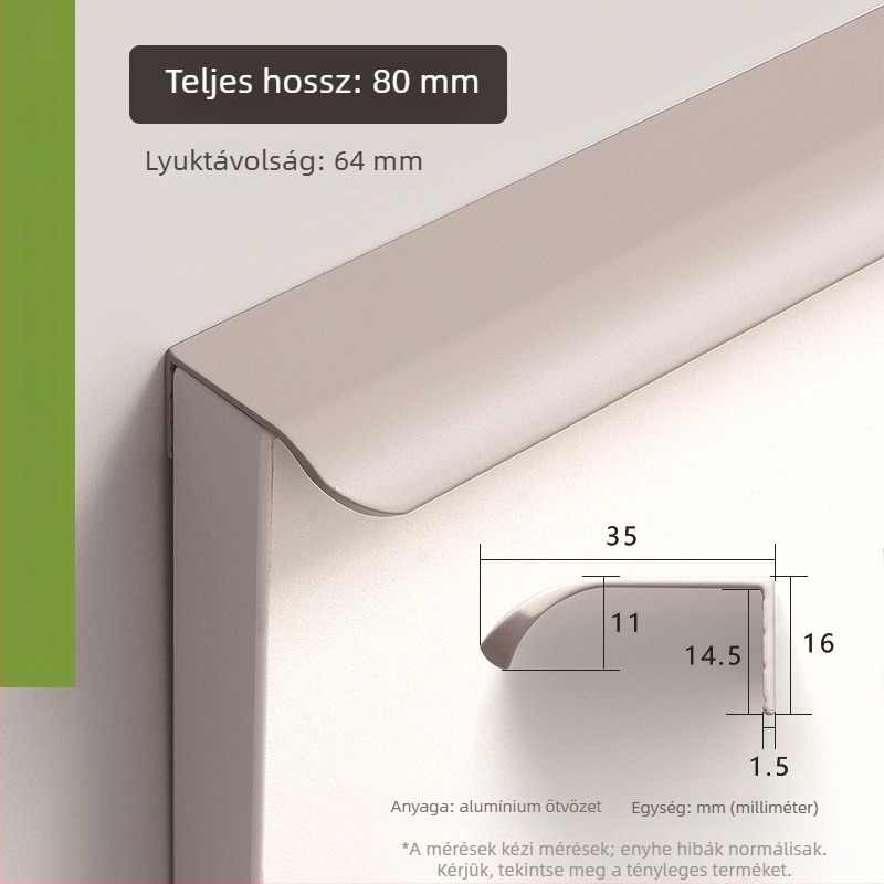 35 mm széles ívelt fogantyú alumíniumötvözetből, gardrób ajtóhoz, minimalist stílus