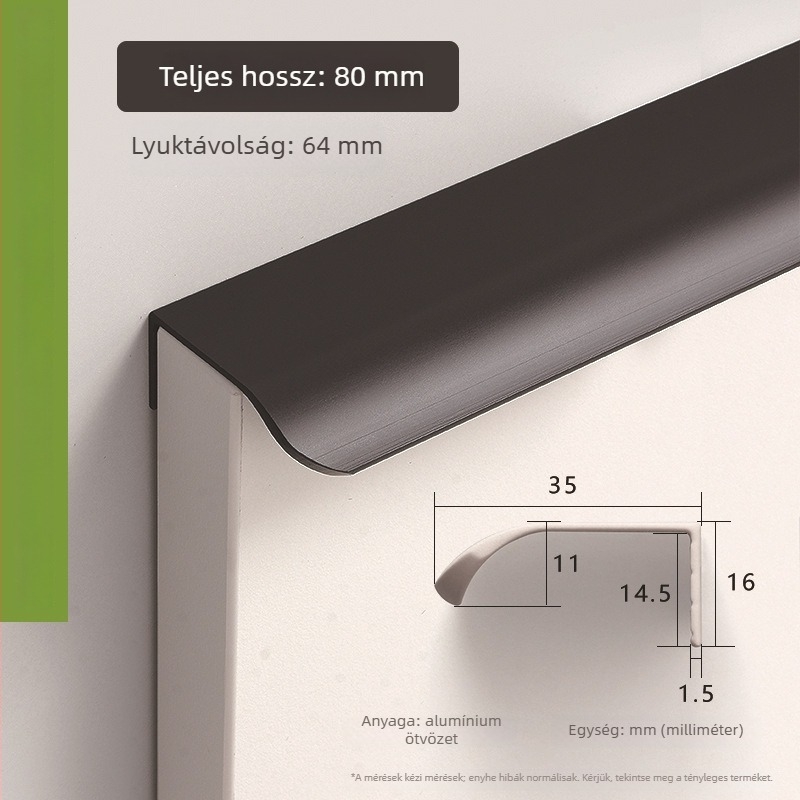 35 mm széles ívelt fogantyú alumíniumötvözetből, gardrób ajtóhoz, minimalist stílus