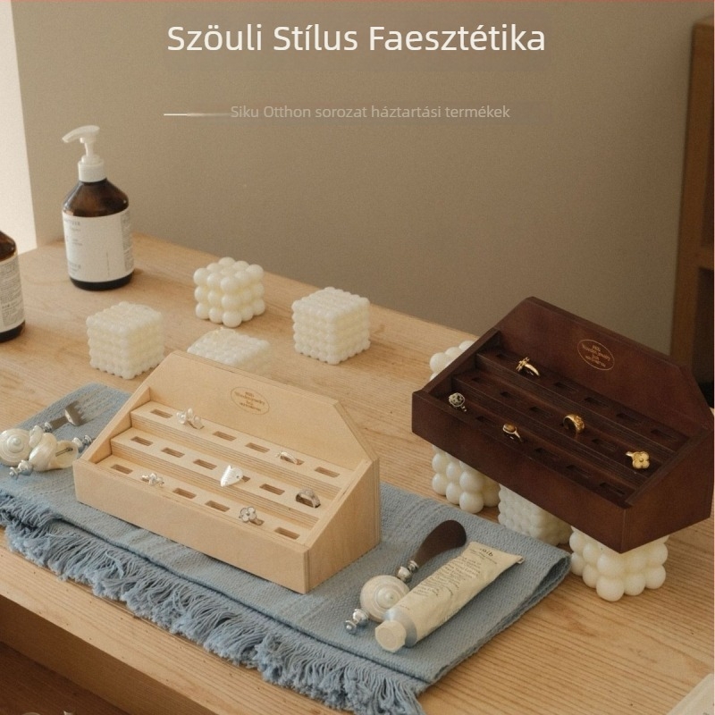 Gyűrűk kiállító polca, fa, nordikus stílus, kézzel készített, egyemeletes (fa; nordikus stil; kézzel készített; egyemeletes)