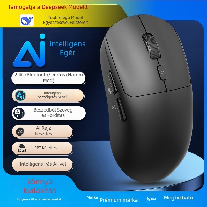 Vezeték nélküli AI hangegér V18 — Fordítás és AI asszisztens (2.4G+Bluetooth, 3500dpi, 3 gomb, USB, 10 m hatótáv)