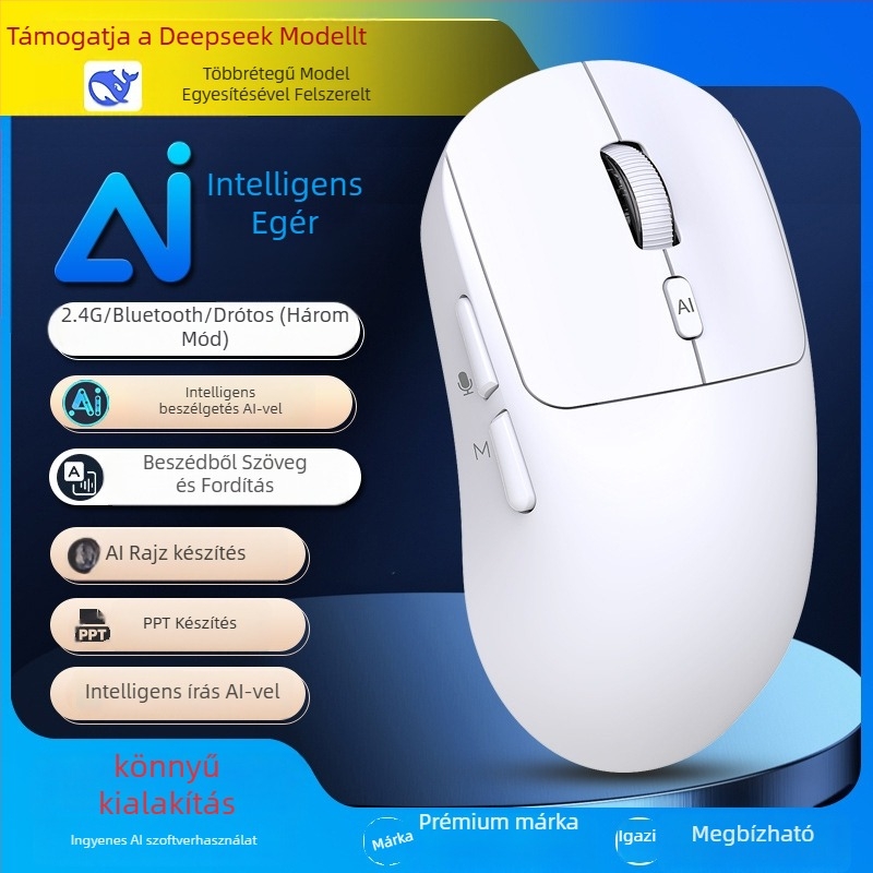 Vezeték nélküli AI hangegér V18 — Fordítás és AI asszisztens (2.4G+Bluetooth, 3500dpi, 3 gomb, USB, 10 m hatótáv)