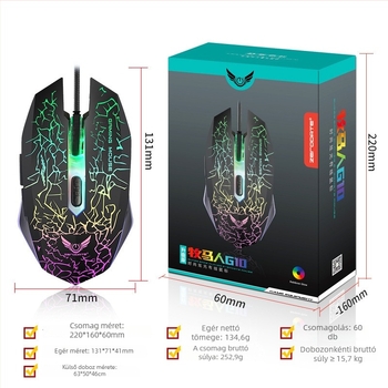 G10 gamer egér USB-kábeles, optikai érzékelő, DPI 800-2400, 3 gomb, ergonómikus