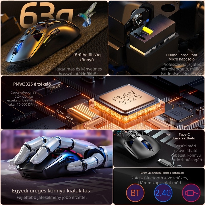 Carving G17 vezeték nélküli gamer egér, 10000 DPI, 7 gomb, 3-módú csatlakozás (kábellel, Bluetooth, 2.4G), USB interfész, ergonómikus kialakítás