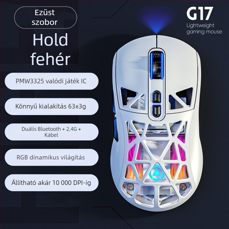 Carving G17 vezeték nélküli gamer egér, 10000 DPI, 7 gomb, 3-módú csatlakozás (kábellel, Bluetooth, 2.4G), USB interfész, ergonómikus kialakítás