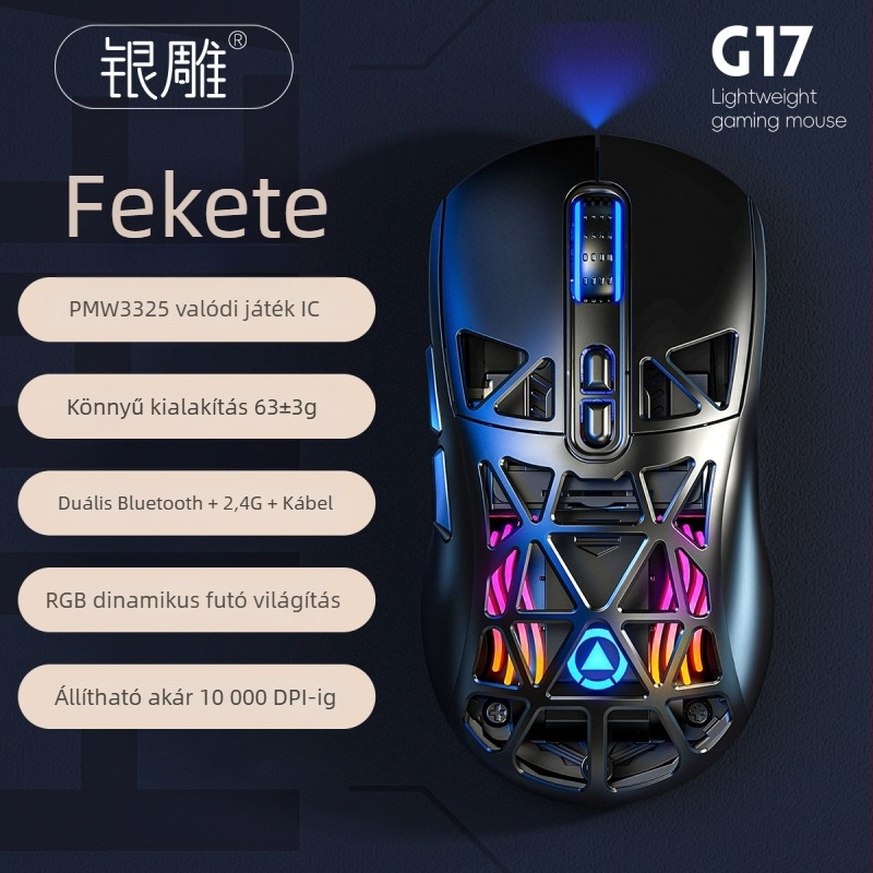 Carving G17 vezeték nélküli gamer egér, 10000 DPI, 7 gomb, 3-módú csatlakozás (kábellel, Bluetooth, 2.4G), USB interfész, ergonómikus kialakítás