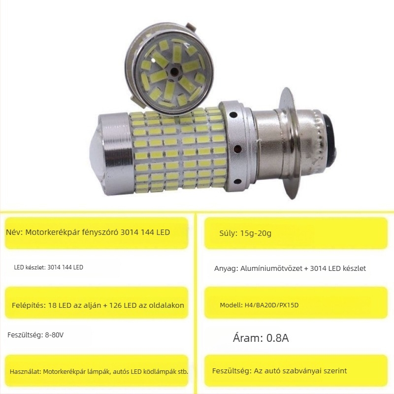 Tcyato Motorkerékpár Fényszóróizzó H4 P15D BA20D, 144 SMD, Szuper fényes fehér LED 12V