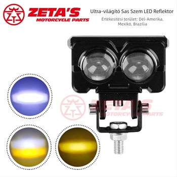 Motorkerékpár kettős lencsés LED reflektor, közel- és távoli fénnyel, fehér-sárga két színes kivitel, LED, 12V, IP68, 3000 lm