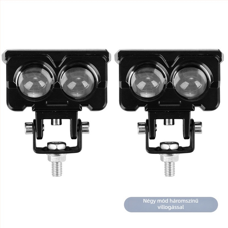 Motorkerékpár kettős lencsés LED reflektor, közel- és távoli fénnyel, fehér-sárga két színes kivitel, LED, 12V, IP68, 3000 lm