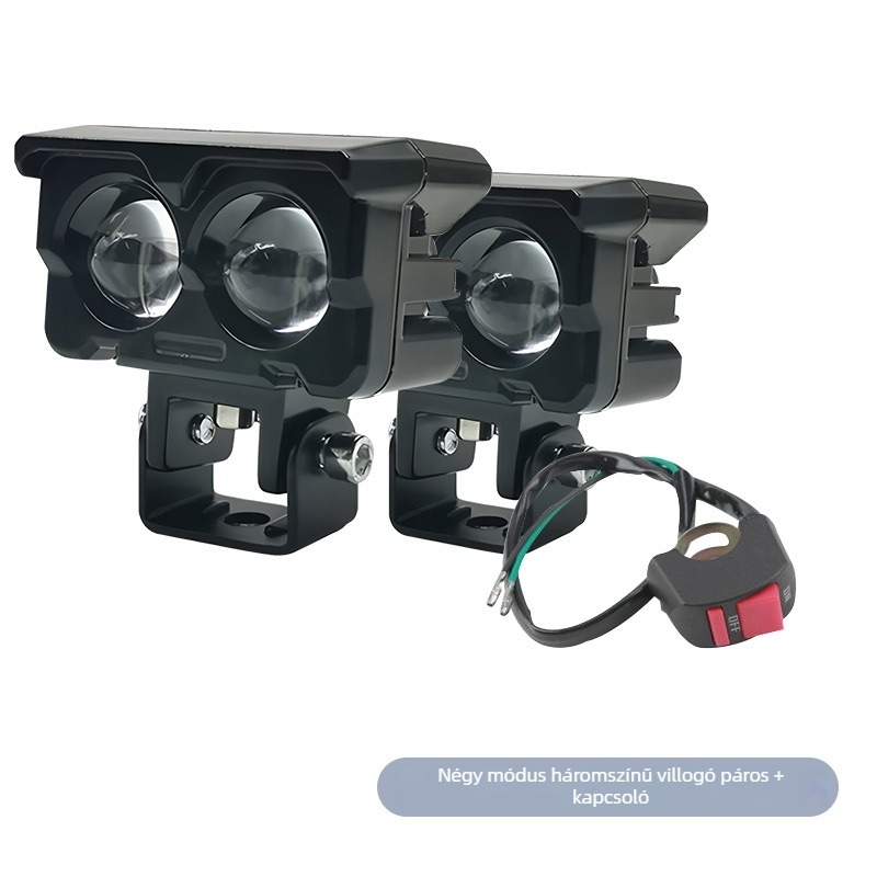 Motorkerékpár kettős lencsés LED reflektor, közel- és távoli fénnyel, fehér-sárga két színes kivitel, LED, 12V, IP68, 3000 lm