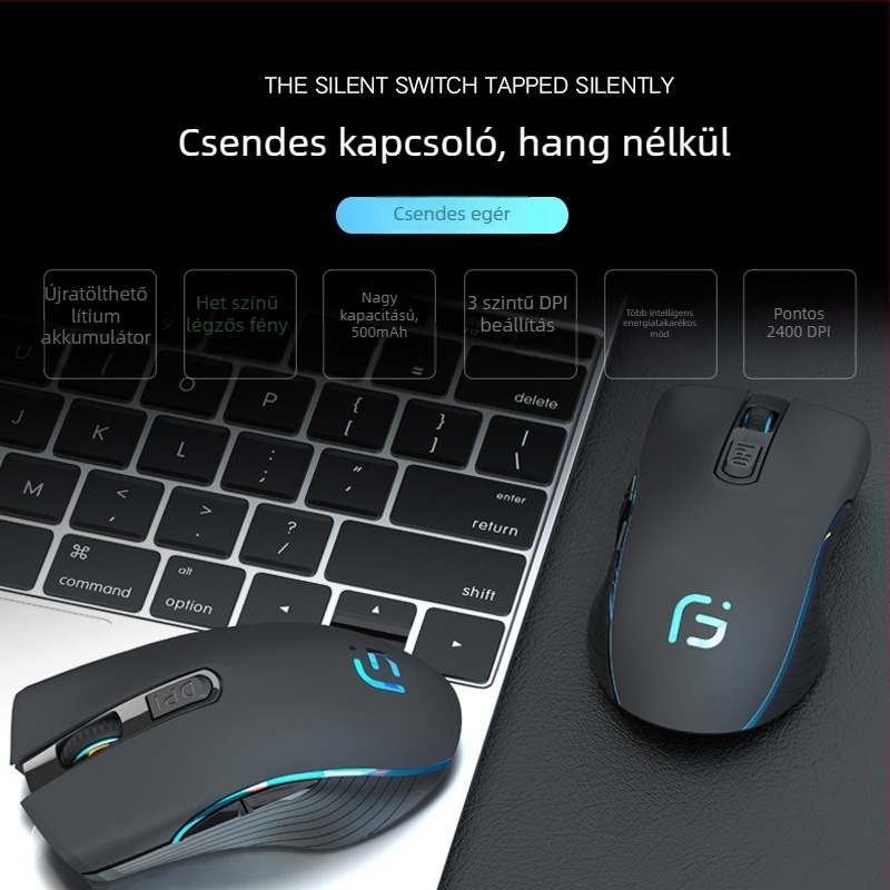 Vezeték nélküli optikai egér, újratölthető, kétüzemmódban Bluetooth és 2.4G, 2400dpi, 6 gomb, USB interfész, laptophoz