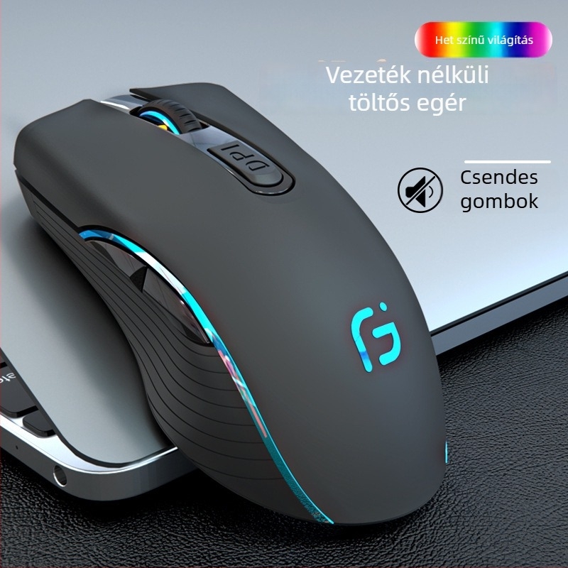 Vezeték nélküli optikai egér, újratölthető, kétüzemmódban Bluetooth és 2.4G, 2400dpi, 6 gomb, USB interfész, laptophoz