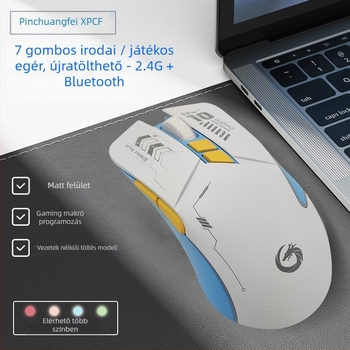2.4G vezeték nélküli egér 7 gombbal, 1600 DPI, 3 szintű DPI-állítás, ergonikus kialakítás, beépített újratölthető akkumulátor