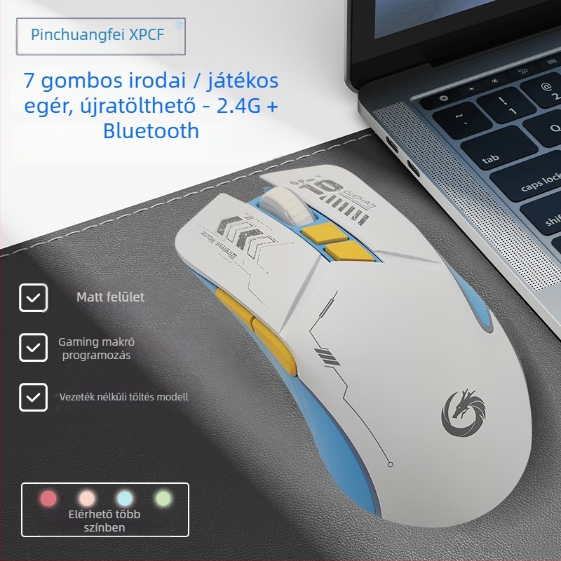 2.4G vezeték nélküli egér 7 gombbal, 1600 DPI, 3 szintű DPI-állítás, ergonikus kialakítás, beépített újratölthető akkumulátor
