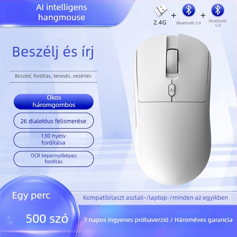 Kettős üzemmódú vezeték nélküli egér: Bluetooth + 2,4 GHz, újratölthető, 4000 DPI, 6 gomb, Ergonomikus kialakítás
