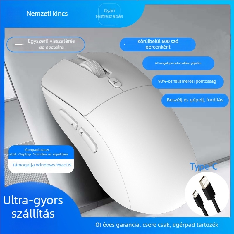 Kettős üzemmódú vezeték nélküli egér: Bluetooth + 2,4 GHz, újratölthető, 4000 DPI, 6 gomb, Ergonomikus kialakítás