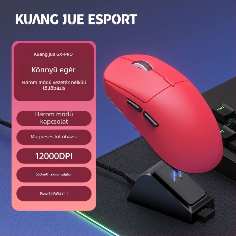 3-módos Bluetooth gaming egér vezeték nélküli töltőállvánnyal, 5600DPI, 4 gomb, ergonómikus
