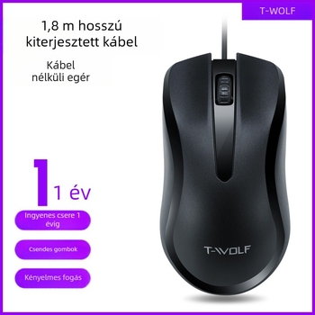 Kábeles optikai egér, T-Wolf Thunder Wolf V12/V13, USB, 1000 DPI, 3 gomb, ergonómikus laptophoz