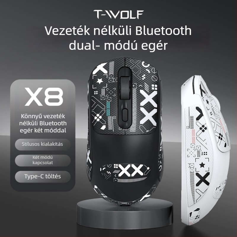 Thunder Wolf X8 vezeték nélküli egér üzleti és játékhoz, csendes működés, 2.4G/Bluetooth, 4 gomb, 1600 DPI, anti-slip matricával