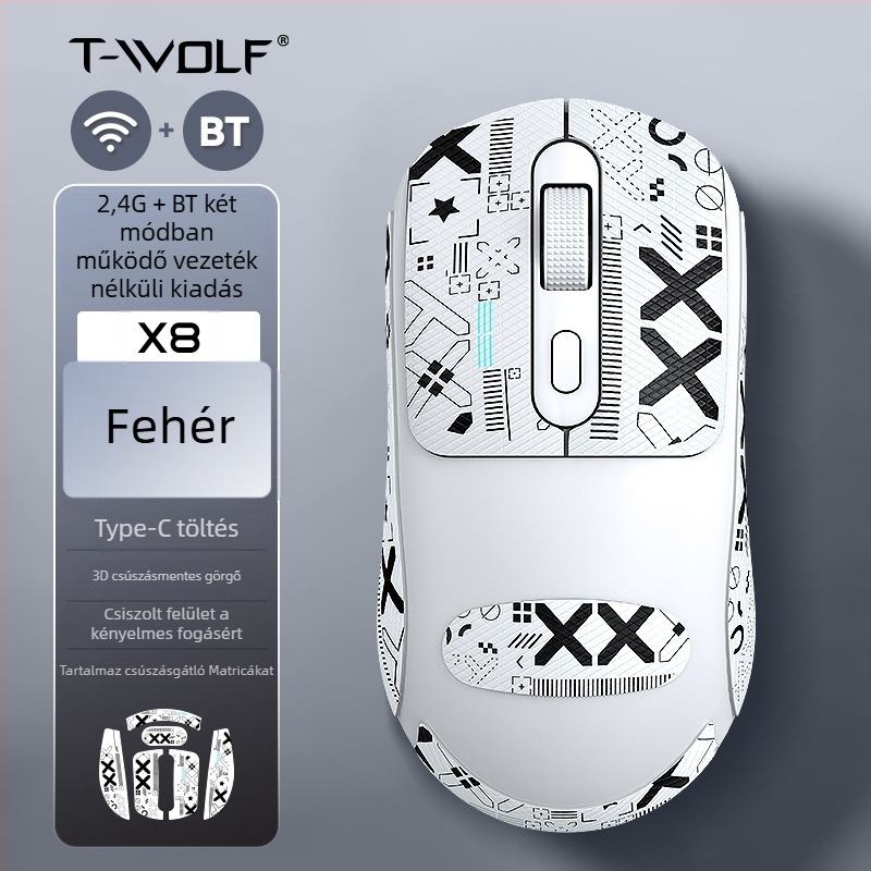 Thunder Wolf X8 vezeték nélküli egér üzleti és játékhoz, csendes működés, 2.4G/Bluetooth, 4 gomb, 1600 DPI, anti-slip matricával