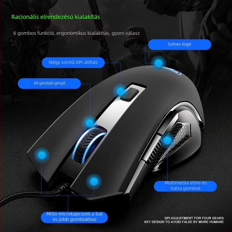 T19 USB kábeles optikai egér – 2400dpi, 7 gomb