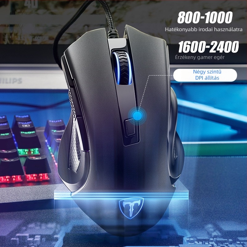 T19 USB kábeles optikai egér – 2400dpi, 7 gomb