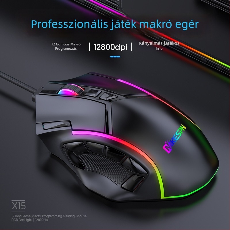 ICEDI MD300 9 gombos makró játék egér, illesztőprogram-támogatás, 7200 DPI, 125–1000 Hz polling gyakoriság, RGB világítás