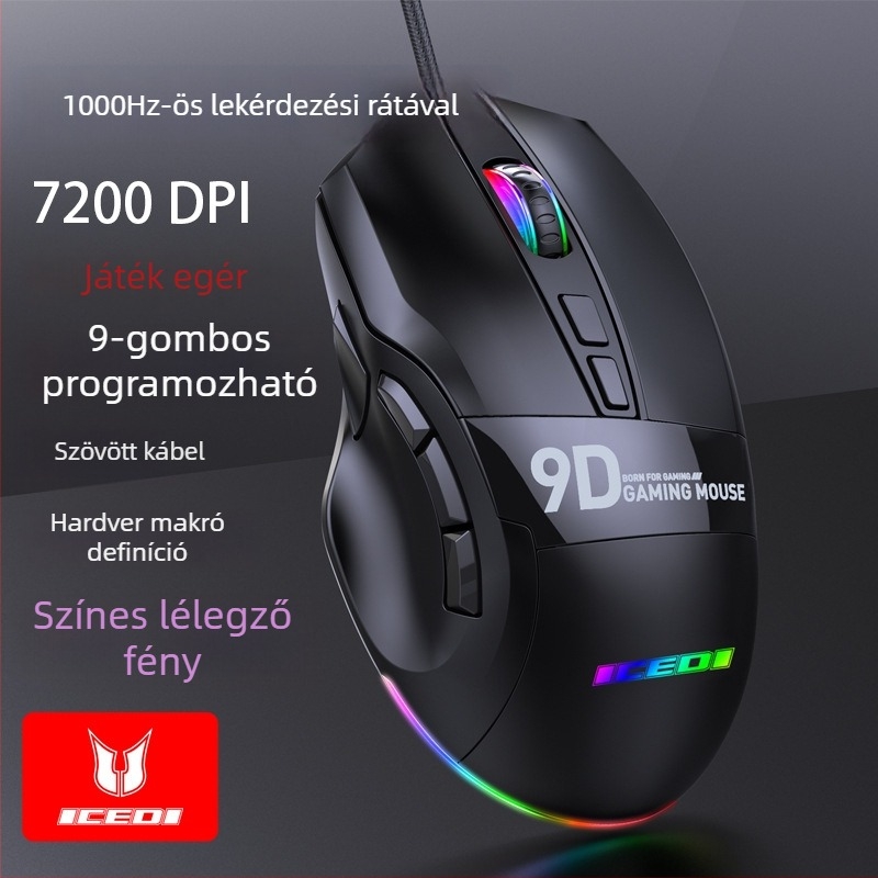 ICEDI MD300 9 gombos makró játék egér, illesztőprogram-támogatás, 7200 DPI, 125–1000 Hz polling gyakoriság, RGB világítás