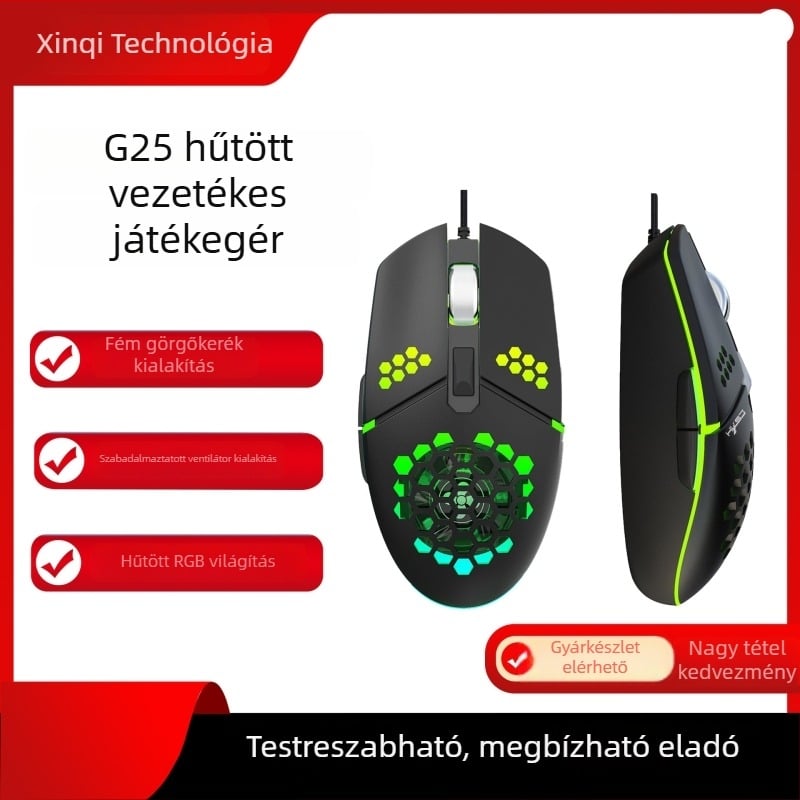 Játék egér beépített ventilátorral, USB-kábellel, 3200 DPI, 6 gomb, G25 modell