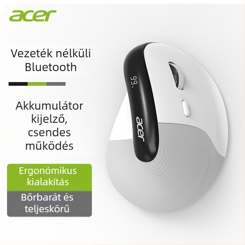 Acer vezeték nélküli Bluetooth ergonómikus függőleges egér, 7 gomb, halk működés, 10 m hatótávolság, újratölthető akkumulátor