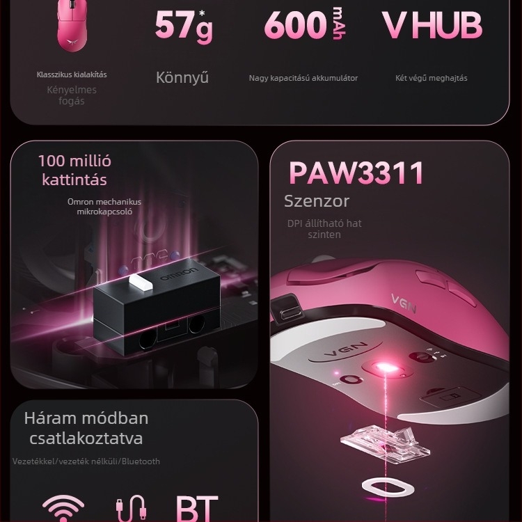 VGN Dragonfly F1SE vezeték nélküli gaming egér, Bluetooth, három üzemmód, hosszú akkumulátor-üzemidő