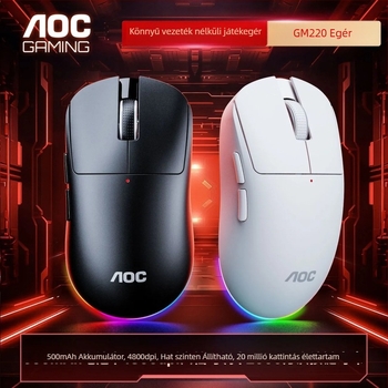 AOC GM220 vezeték nélküli egér Bluetooth és 2,4 GHz dual módú csatlakozással, 4800 DPI, 5 gomb, USB interfész, újratölthető
